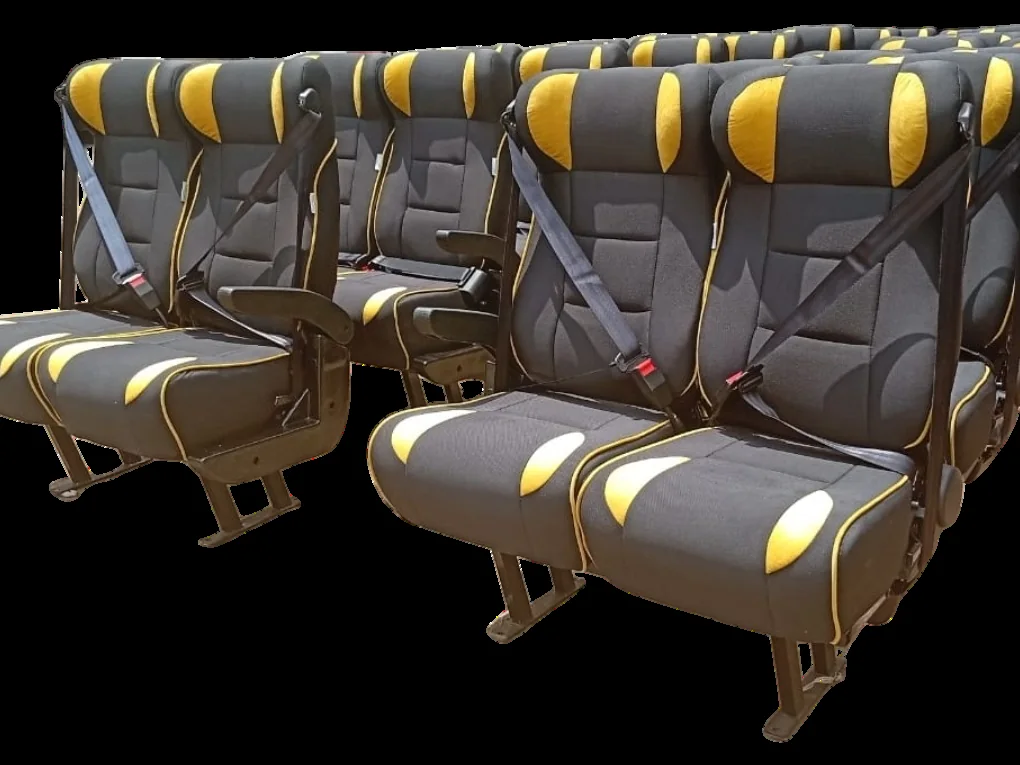 Bus and coach seat rows with headrests and armrests