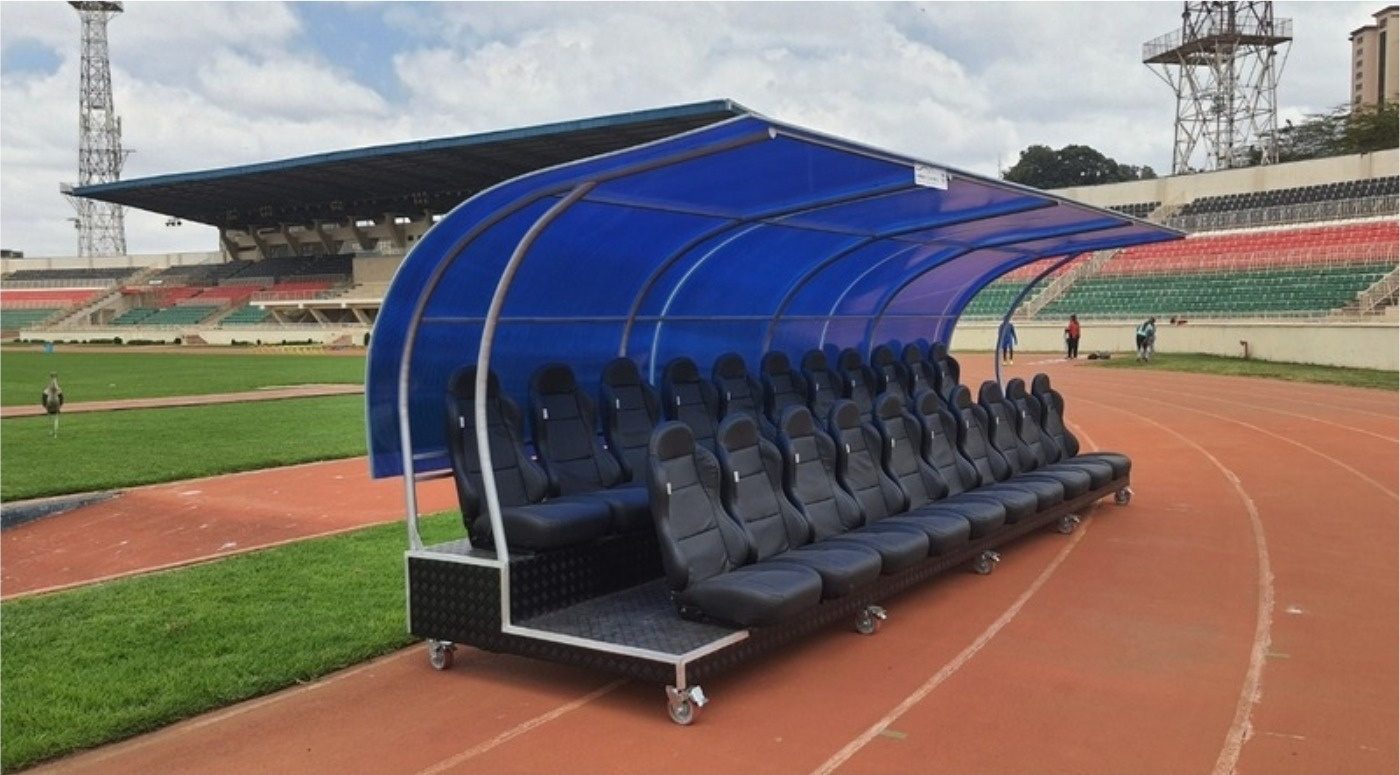 Pitch-side dugout seating, weatherproof upholstery
